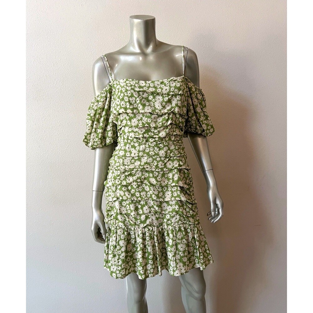 ASTR The Label Green Ditsy Mini Dress Size Large Floral Off Shoulder Puff Sleeve - Picture 2 of 5